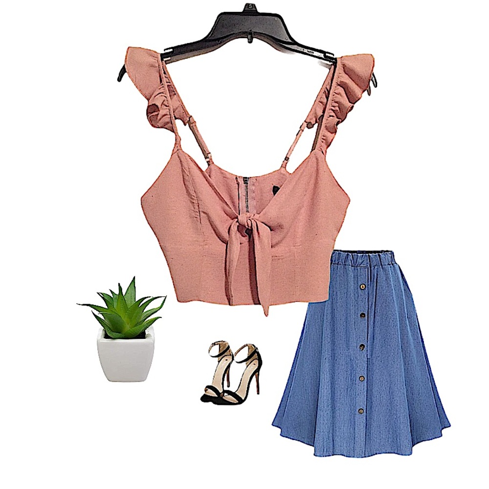 ELA Blush Pink Crop Ruffle Strap Top